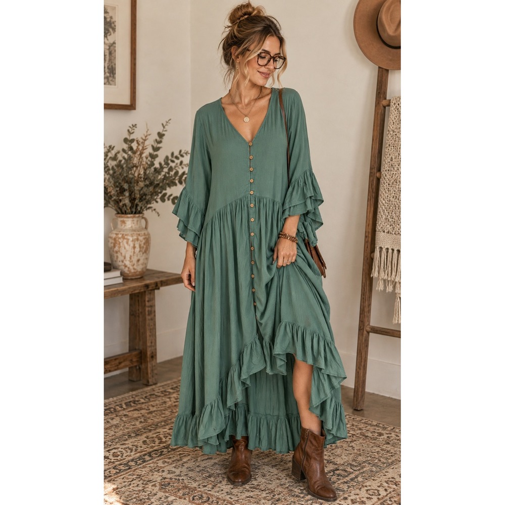 Free People Jaded Maxi Dress Womens XS Green Ruffle Button Front Boho Lagenlook